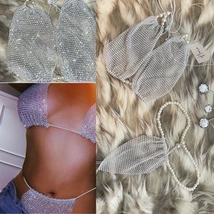 Sexy White Diamanté bikini with pearl accents on top and waist.